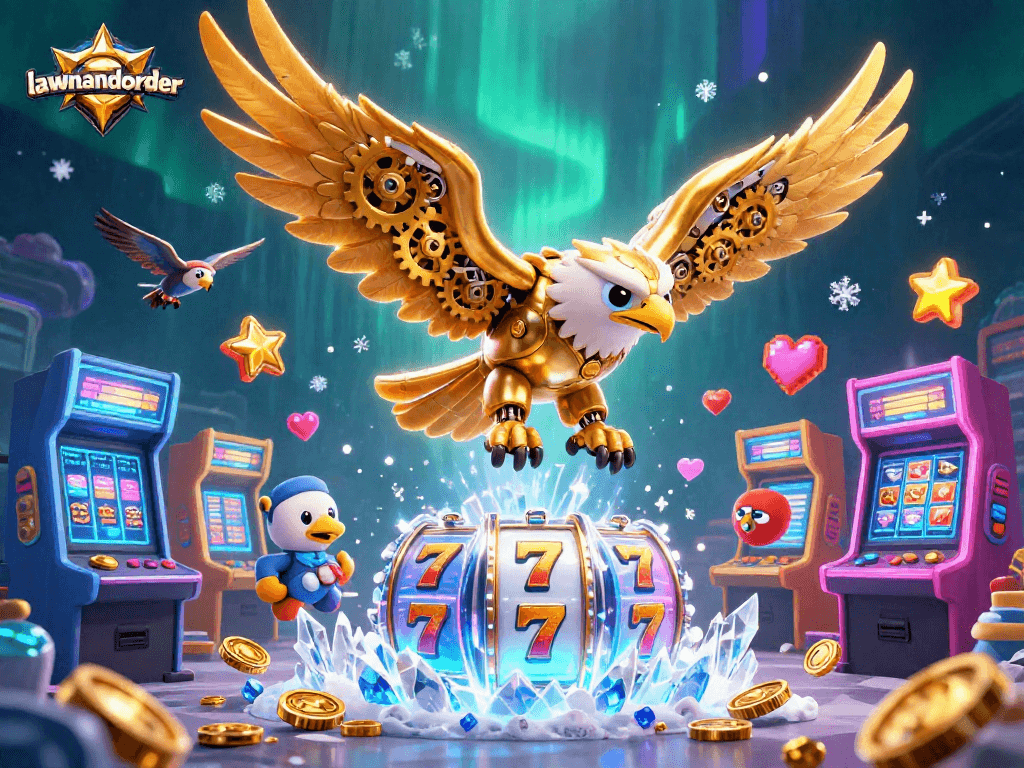 Engage with lawnandorder's vibrant 3D casino scene featuring glowing slot reels and dynamic game elements.