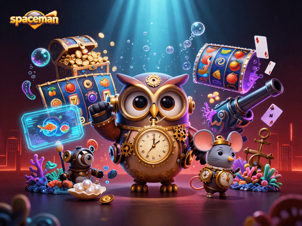 Spaceman showcases a vibrant jackpot scene with an owl, slot reels, and elaborate casino elements.