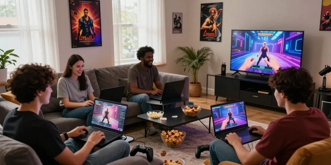 Group of friends enjoying engaging sex games in a cozy living room setting.