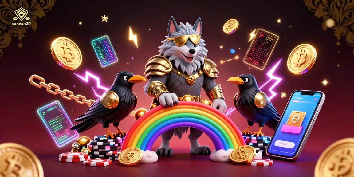 Engage with sunwin20's vibrant Norse-themed casino illustration showcasing Odin, ravens, and crypto elements.