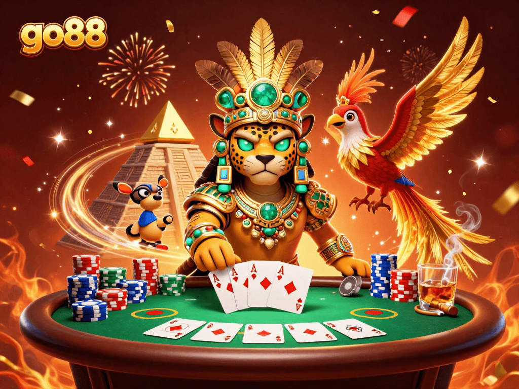 Play poker with go88 in this vibrant Mayan-themed casino illustration featuring colorful chips.