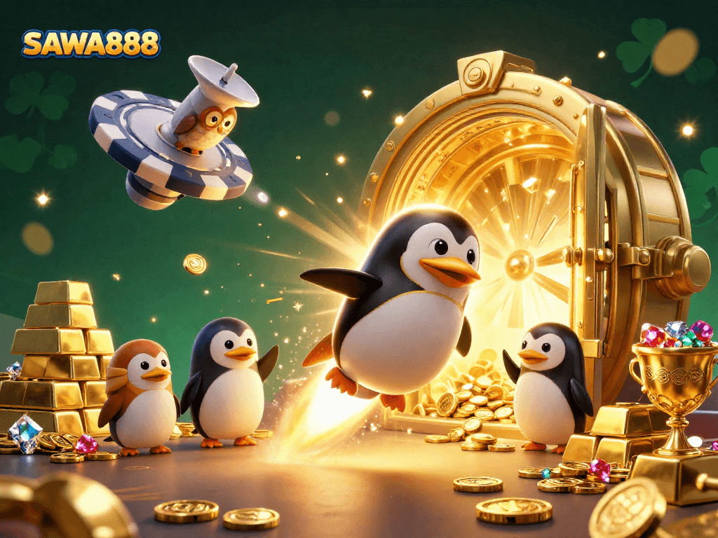 Experience SAWA888 with an amazing visual of a penguin and treasures in a casino adventure