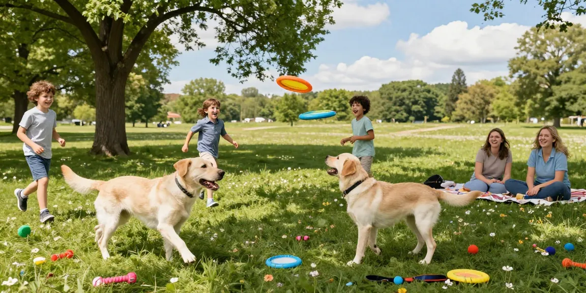 Mega Labrador Retrievers playing happily in a sunlit park with a family.