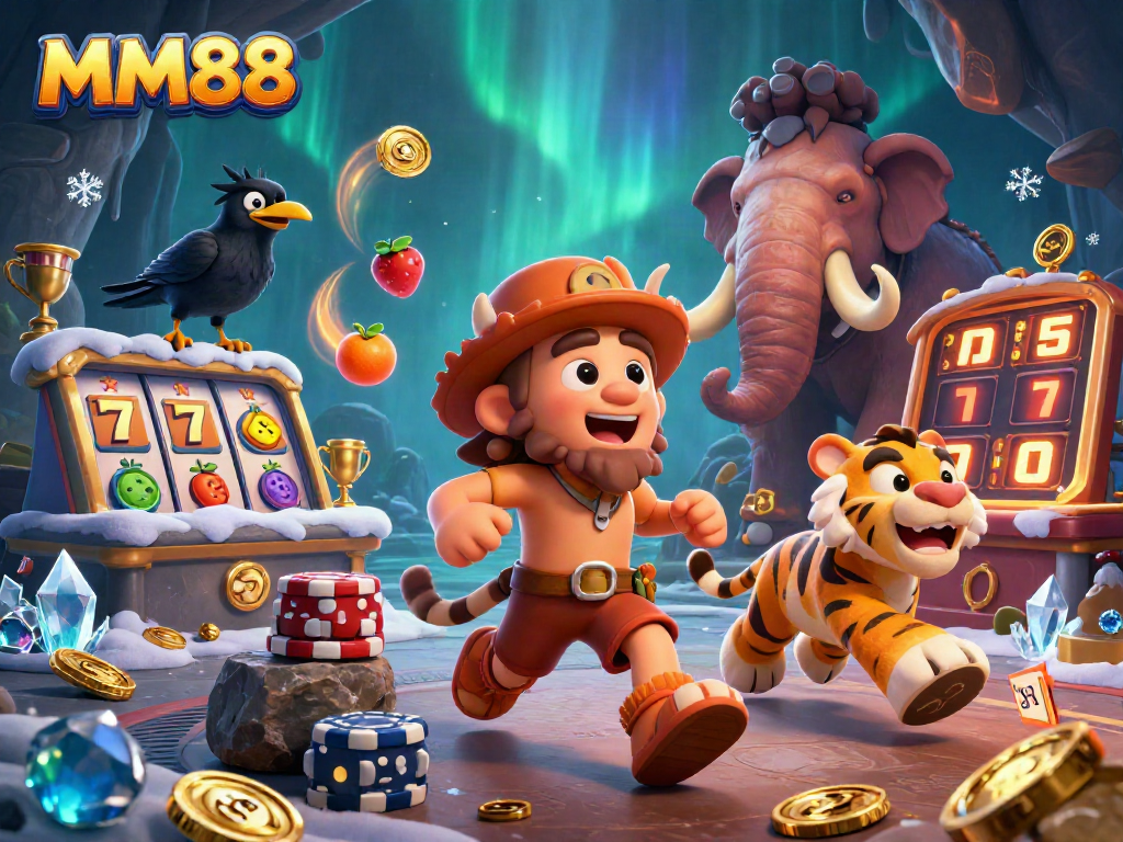 Engage in MM88 premium casino action with a 3D caveman, sabertooth tiger, and clever crow in a vivid illustration.