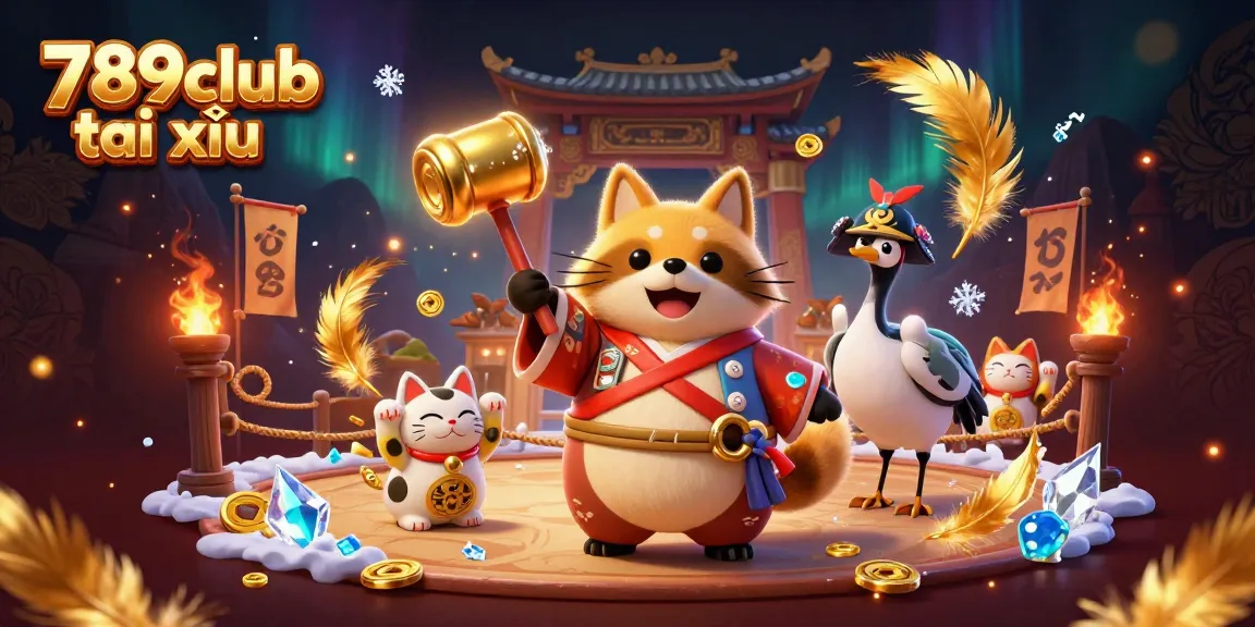 Play 789club tài xỉu with cheerful characters surrounded by festive gambling elements and golden rewards