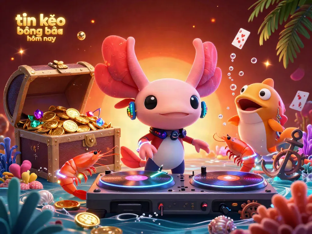 Engage with the vibrant scene of tin kèo bóng đá hôm nay, featuring a lively DJ axolotl and dynamic sea characters.