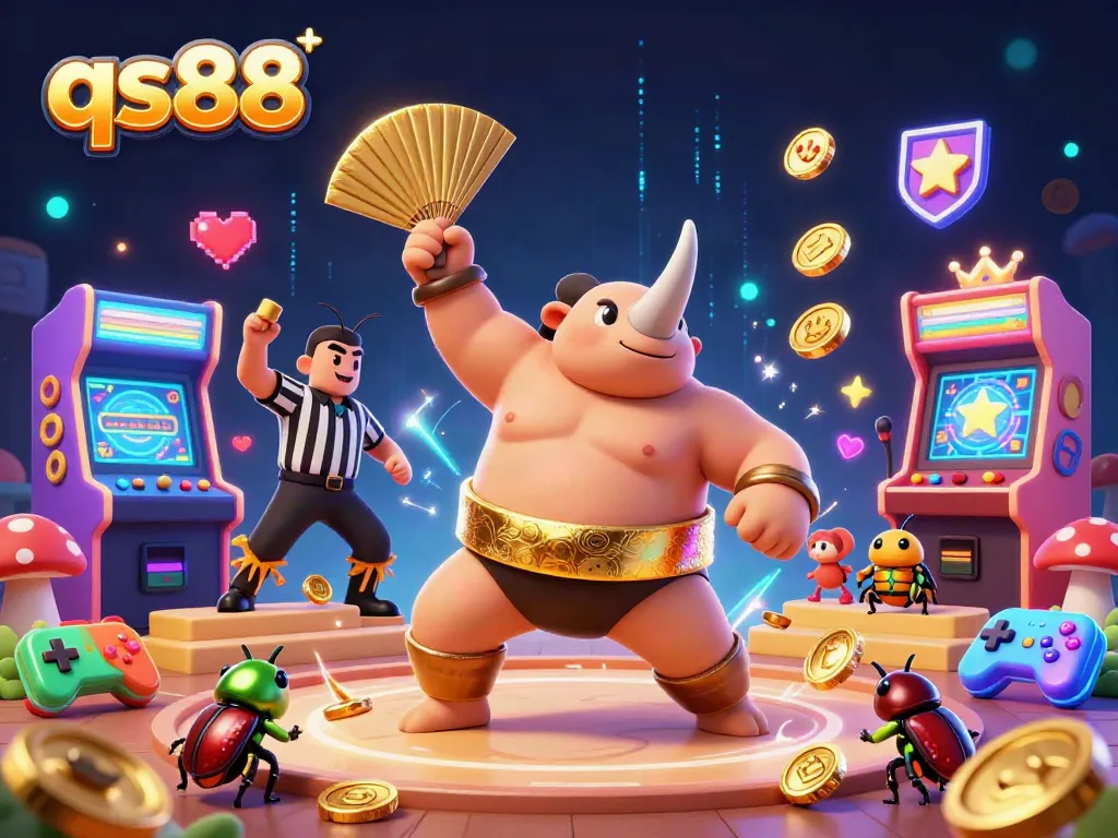 Experience thrilling gameplay at qs88 with a sumo champion beetle amidst golden coins and vibrant casino elements.