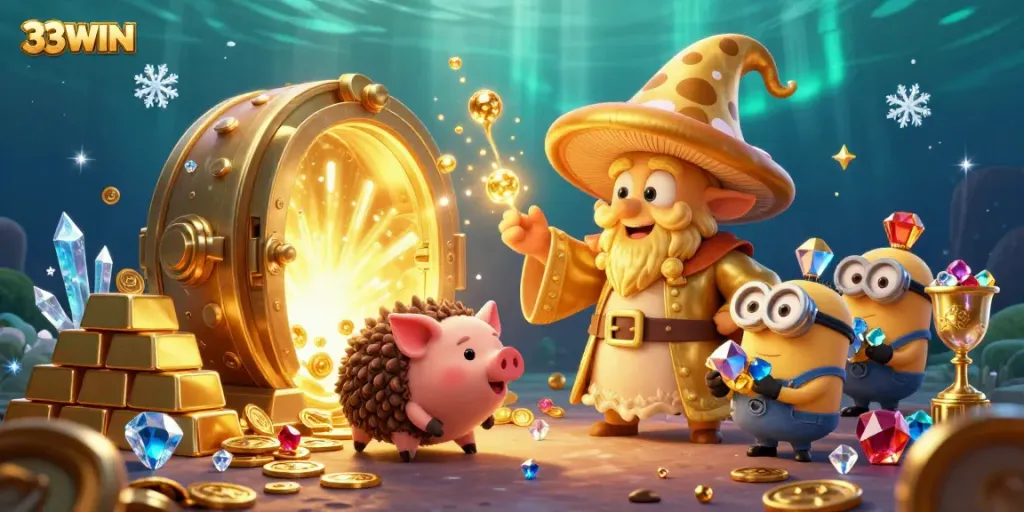 Experience the magic of 33WIN with treasures and gold in this vibrant casino-themed scene.