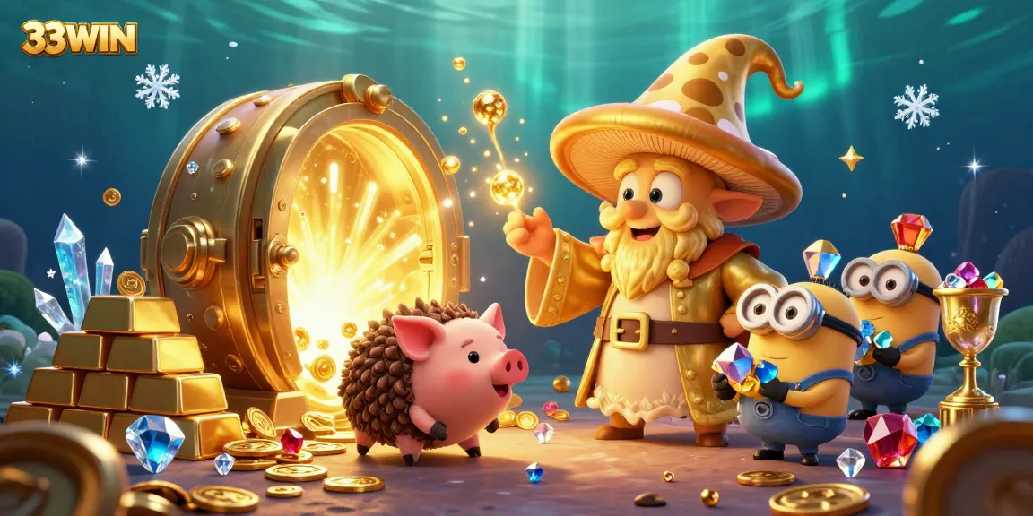Experience the magic of 33WIN with treasures and gold in this vibrant casino-themed scene.