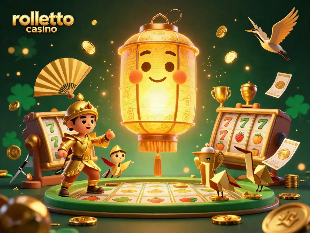 Engage with rolletto casino's vibrant atmosphere featuring golden lanterns, spinning reels, and interactive scenes.