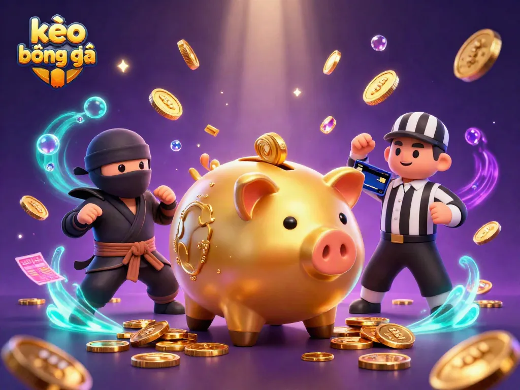 Engage in kèo bóng đá excitement with dynamic betting elements, golden coins, and sports motifs.