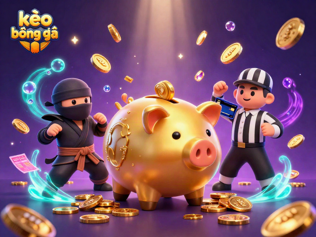 Engage in kèo bóng đá excitement with dynamic betting elements, golden coins, and sports motifs.
