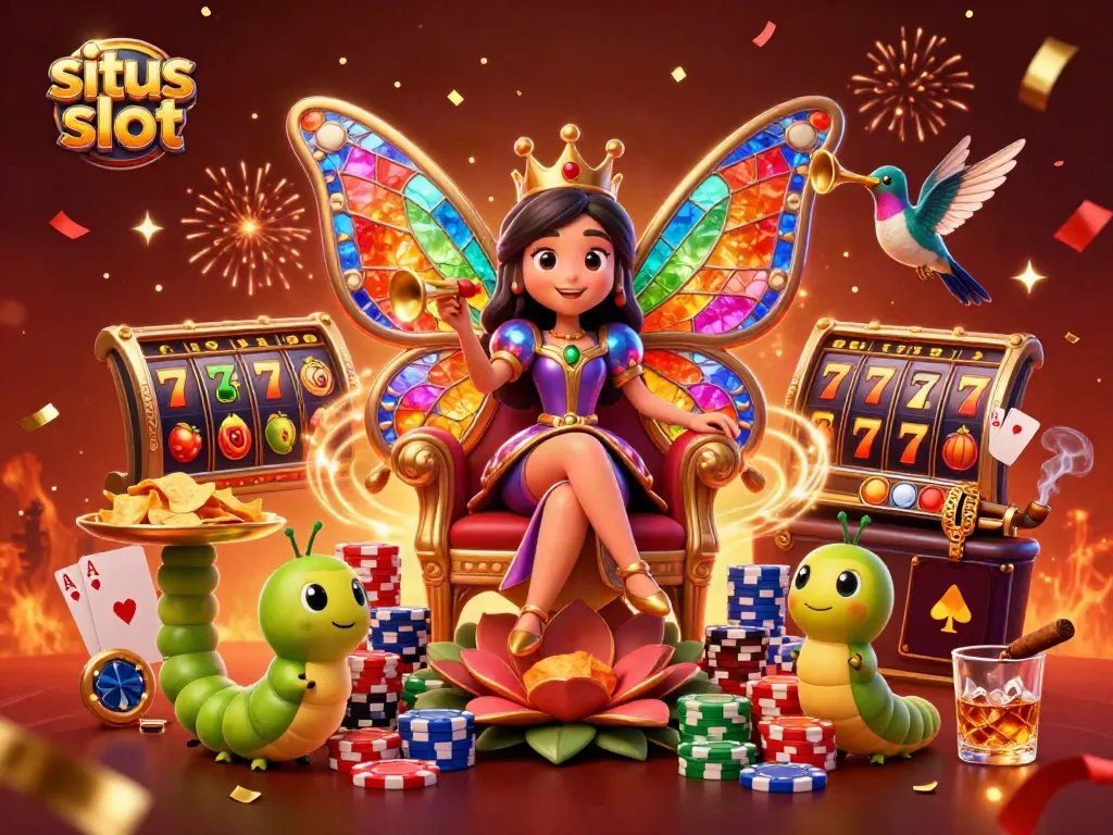 Experience exciting gameplay at situs slot with vibrant slot reels, a butterfly queen, and festive celebration elements.