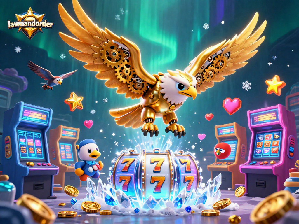 Engage with lawnandorder's vibrant 3D casino scene featuring glowing slot reels and dynamic game elements.