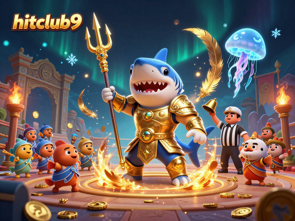 Hitclub9 showcases a thrilling underwater gaming scene with a golden shark gladiator in combat.