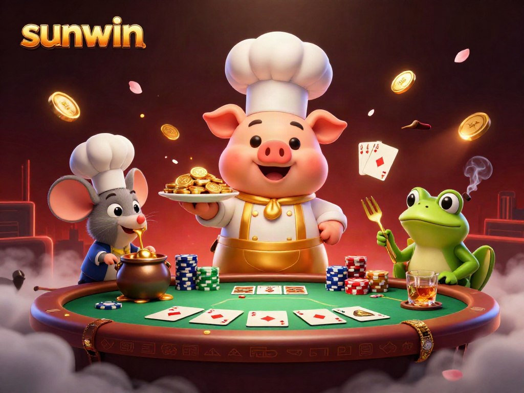 Experience sunwin's thrilling casino atmosphere with the chef pig, sous-chef mouse, and critic frog.