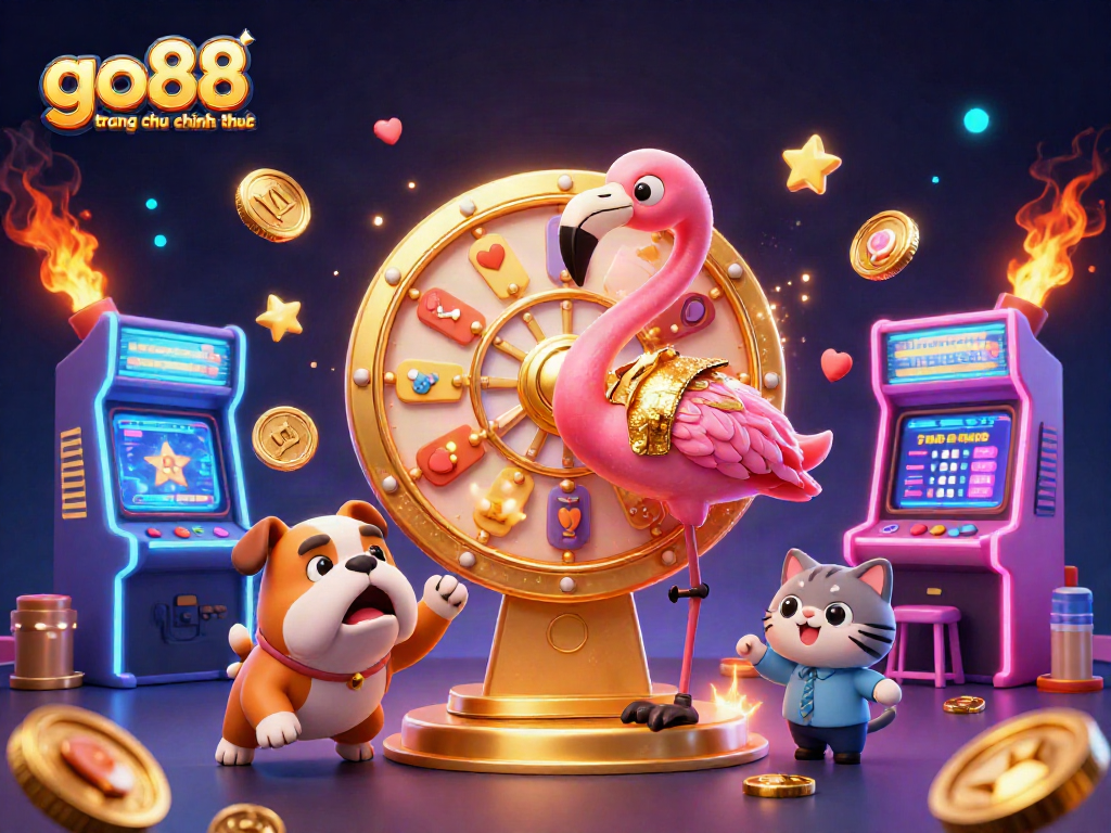 Win big with go88 trang chu chinh thuc in a vibrant game show themed illustration featuring a flamingo host and a bulldog.