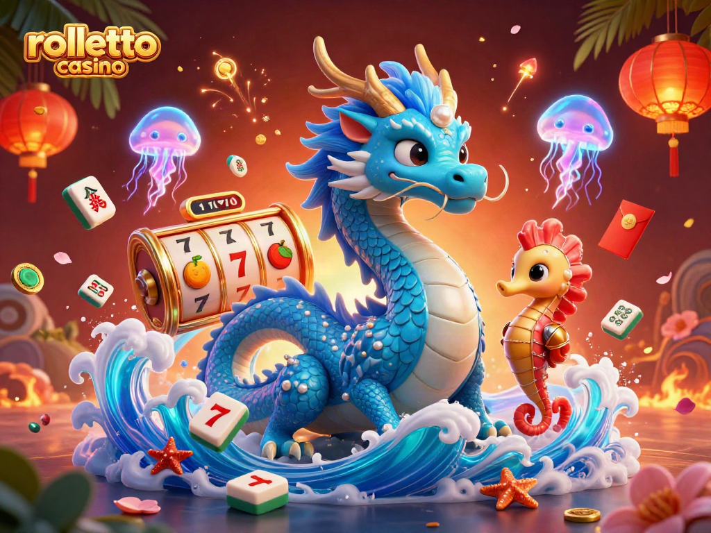 Experience the magic of rolletto casino with vibrant dragons, slot reels, and glowing elements.