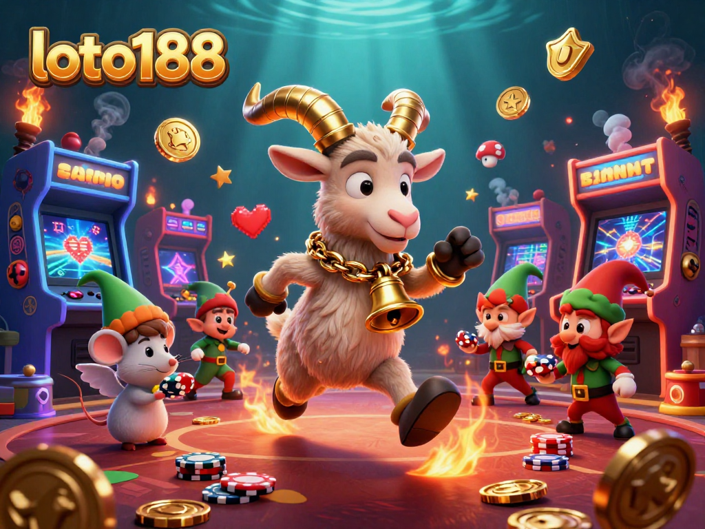 Engage with loto188 in a vibrant 3D casino scene featuring festive characters and playful gaming elements.