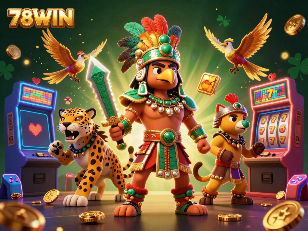Experience the thrill of 78WIN casino with vibrant Aztec warriors and dynamic gaming elements.