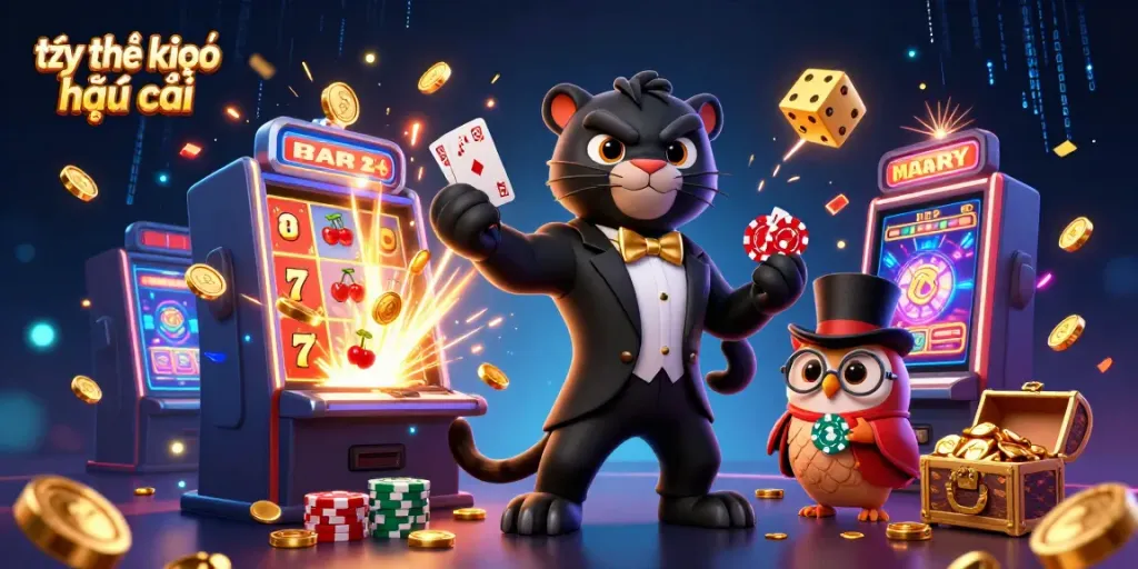 Engaging scene of a stylish panther dealer showcasing tỷ lệ kèo nhà cái with vibrant casino elements.
