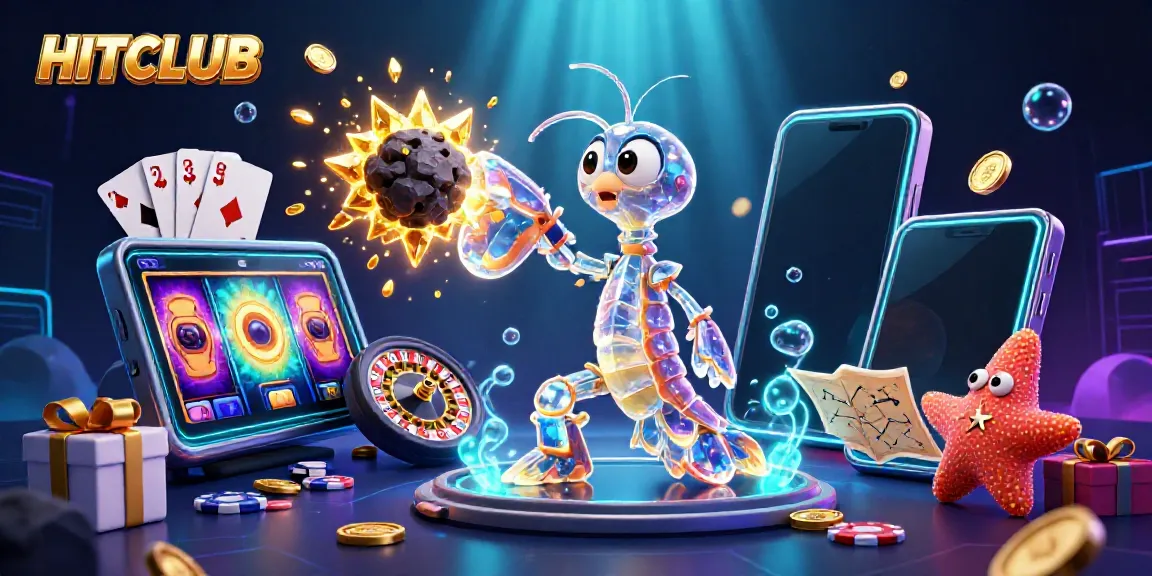 HITCLUB offers thrilling gameplay with colorful slot machines, sparkling gems, and vibrant casino elements in a fantastical setting.