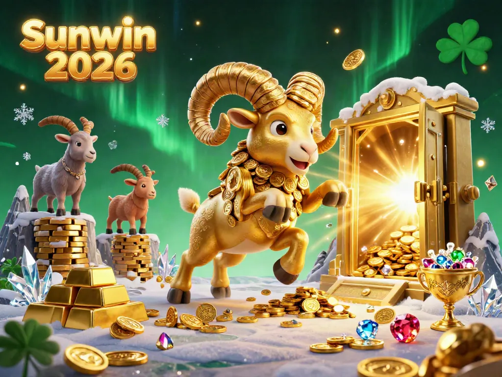 Experience the excitement of Sunwin 2026 with a dynamic scene depicting a golden ram amidst treasures and fortune.