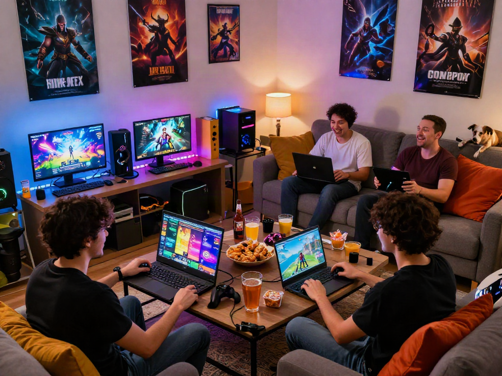 Group of friends enjoying free porn games in a cozy living room setting with gaming equipment