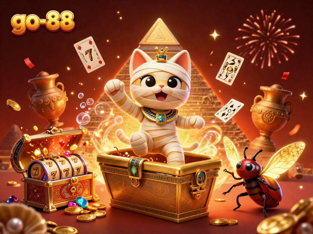 Engage with go-88's vibrant and exciting online casino atmosphere, featuring a 3D mummy cat and glowing scarab.