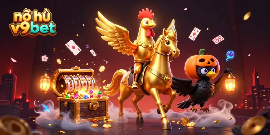 Experience nổ hũ v9bet excitement with golden rooster and stunning casino elements.