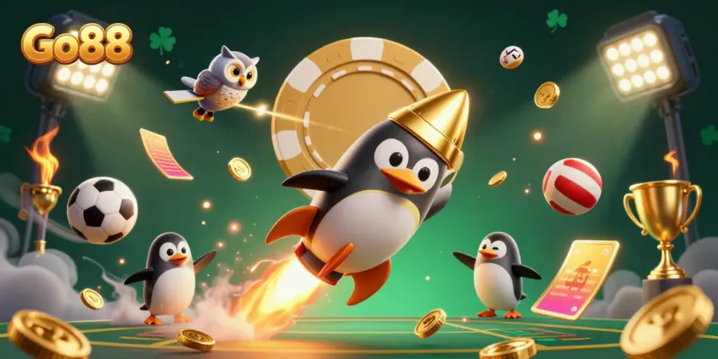 Experience thrilling excitement with Go88 in this dynamic casino scene with gold coins and sports elements.