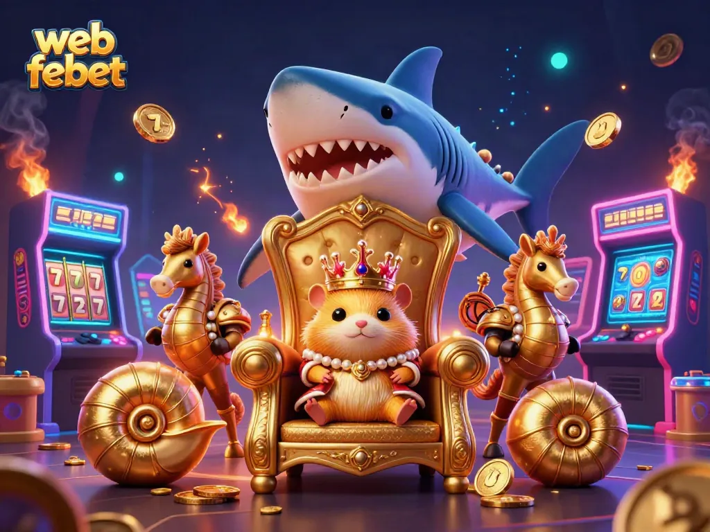 Engage in thrilling games with web febet's vibrant casino scene featuring the golden hamster king and seahorse guards.