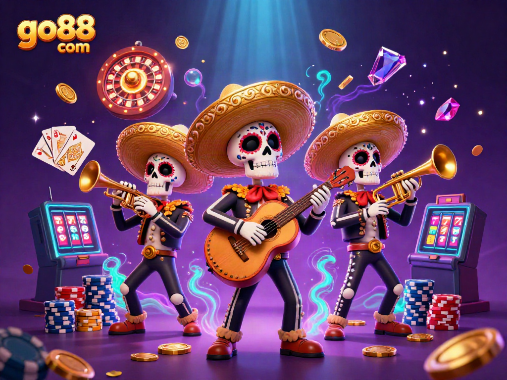 Experience the excitement of go88 com as vibrant skeleton mariachi characters celebrate in a thrilling casino scene.