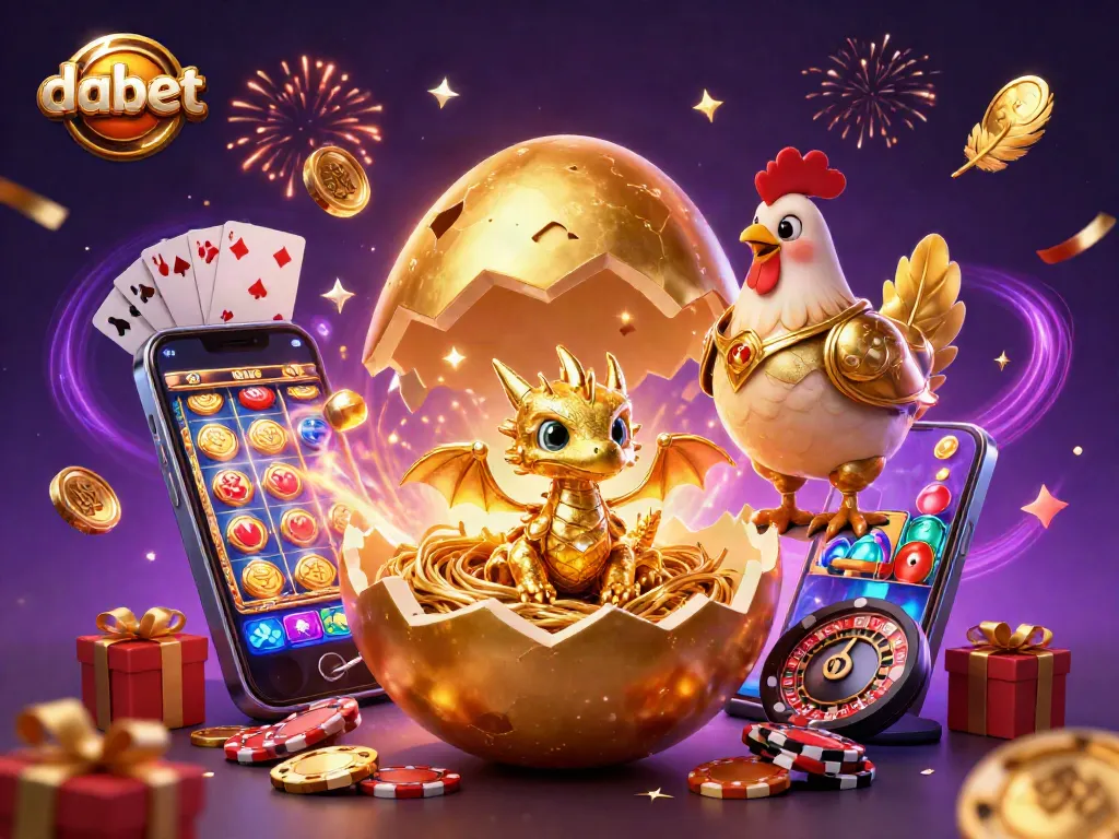 Experience the excitement at dabet with the golden dragon surrounded by poker chips and slot games.