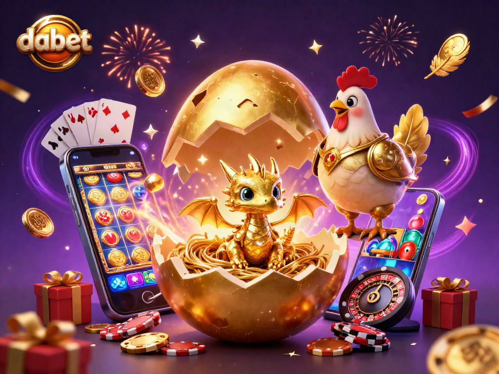 Experience the excitement at dabet with the golden dragon surrounded by poker chips and slot games.