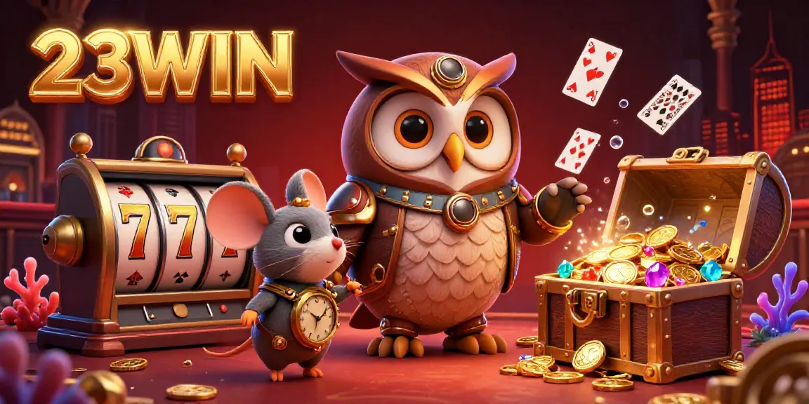 Play with luck and fun at 23WIN with a vibrant casino environment featuring a steampunk owl and treasures.