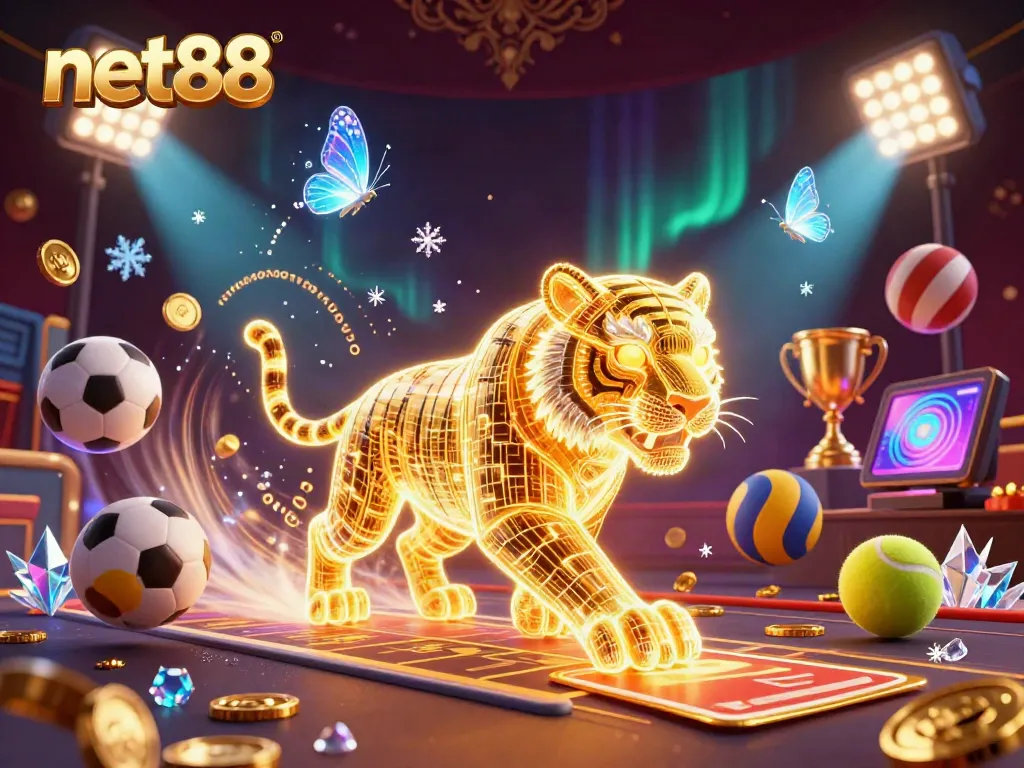 Engage in exhilarating online gaming at net88 with vibrant neon tiger and animated sports themes.