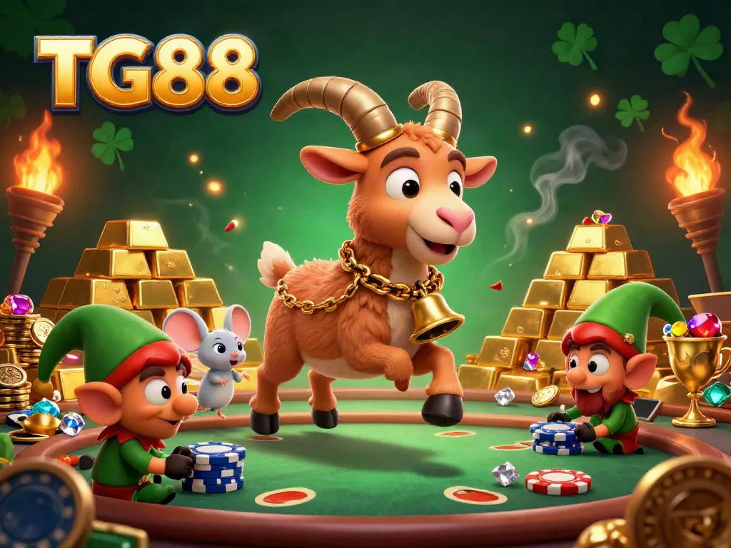 Bet and win at TG88's festive casino with playful characters amid sparkling treasures.