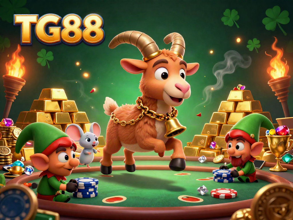 Bet and win at TG88's festive casino with playful characters amid sparkling treasures.