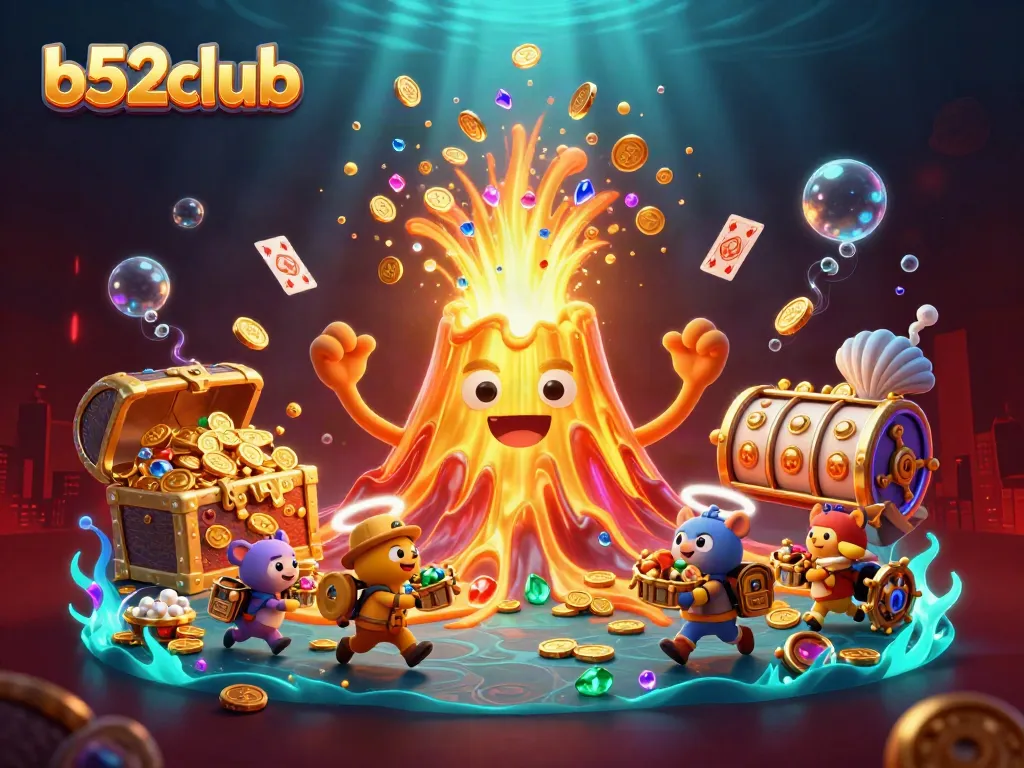 Experience the excitement at b52club with a triumphant golden volcano showering coins in a vibrant casino scene.