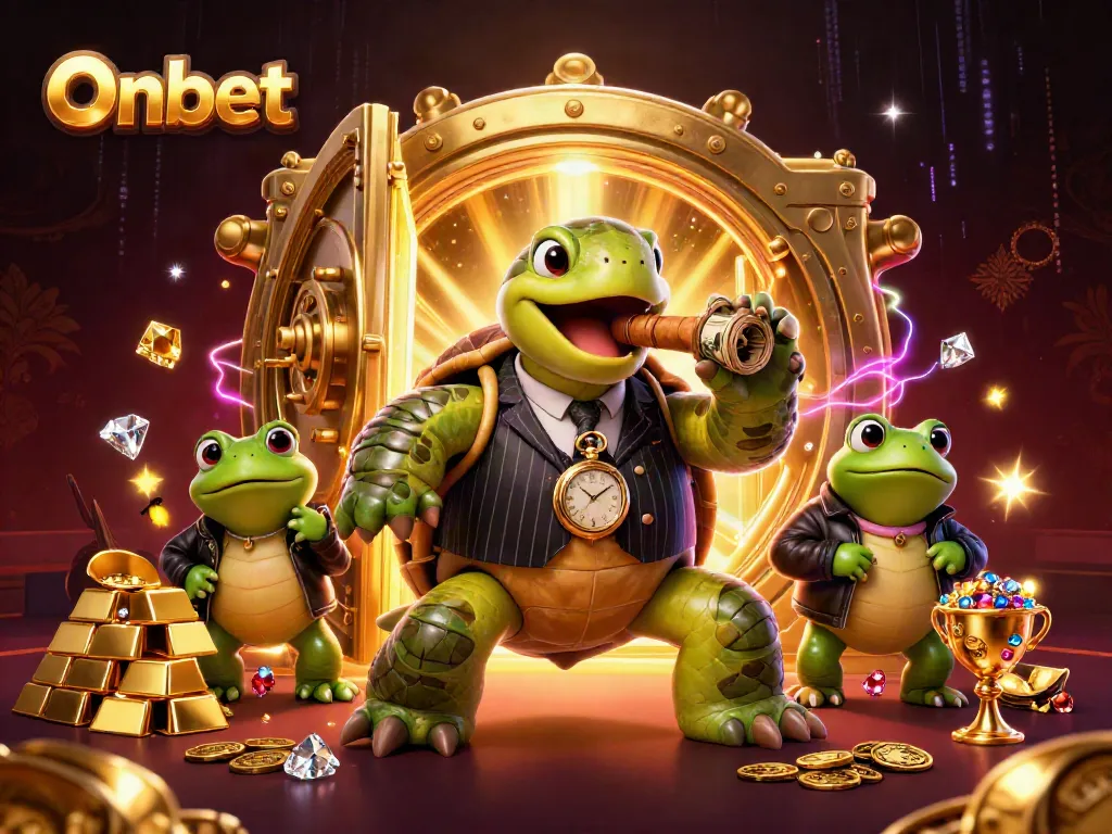 Onbet showcases a lively casino scene with a turtle in a suit and frog enforcers amidst treasures.