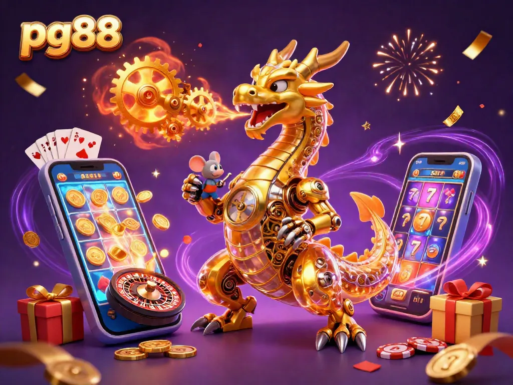 Experience thrilling games at pg88 with a golden dragon and colorful slot game vibes in a dynamic casino scene.