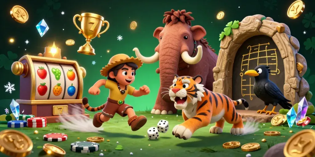 Experience thrilling casino action with F8BET as prehistoric characters enjoy a vibrant slot gaming scene with dynamic jackpots.