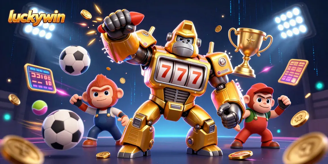 Experience dynamic gaming action with luckywin's vibrant 3D transformation of a golden gorilla mech amidst casino elements.