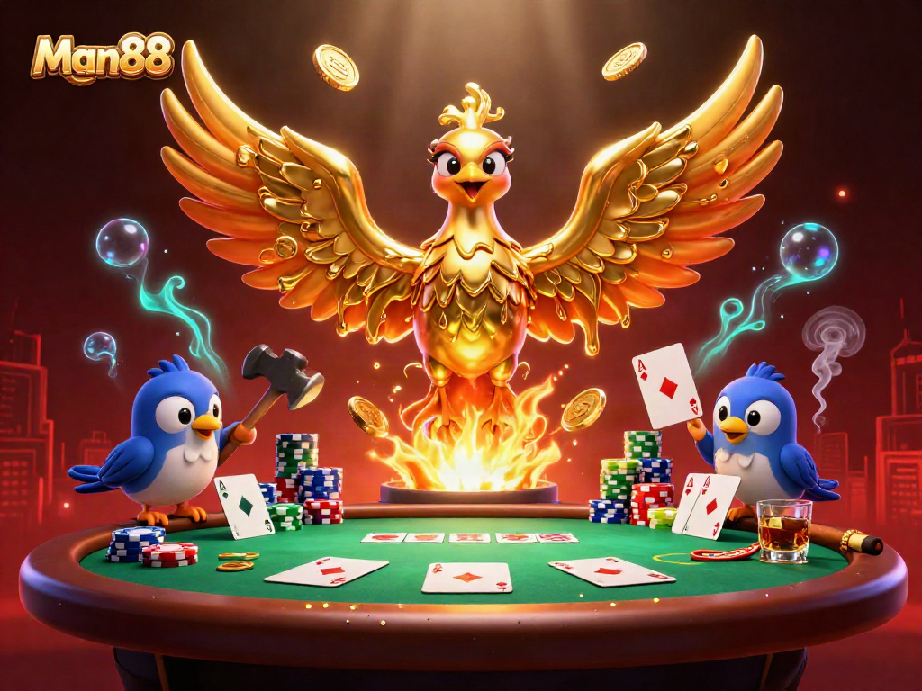 Experience the excitement of Man88 with a potent golden phoenix and poker elements.