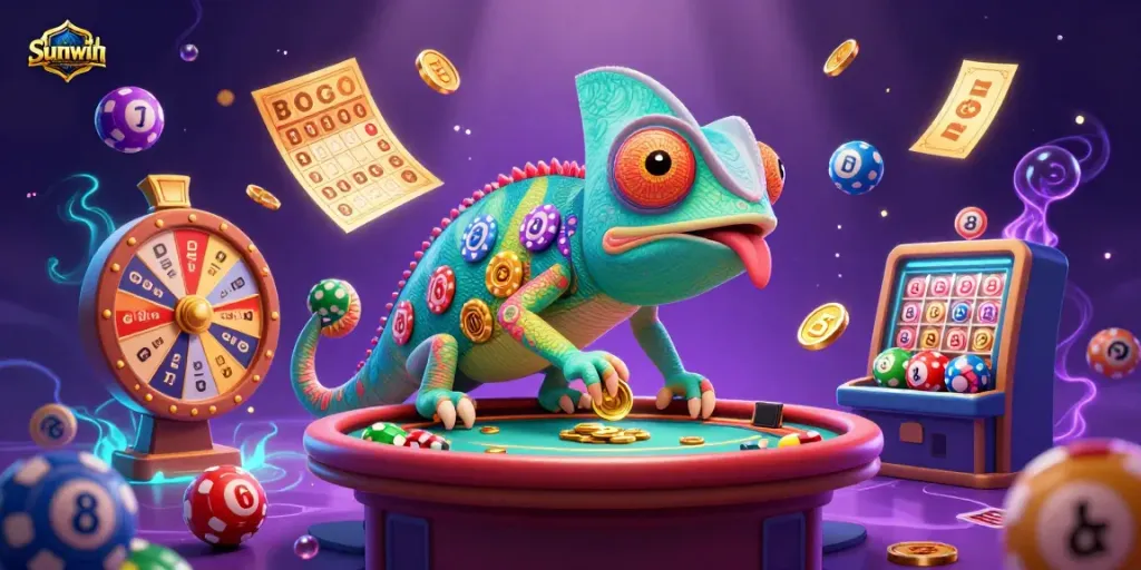 Engage in thrilling actions at Sunwin Casino with a vibrant scene of gaming, including lotteries and vibrant elements.