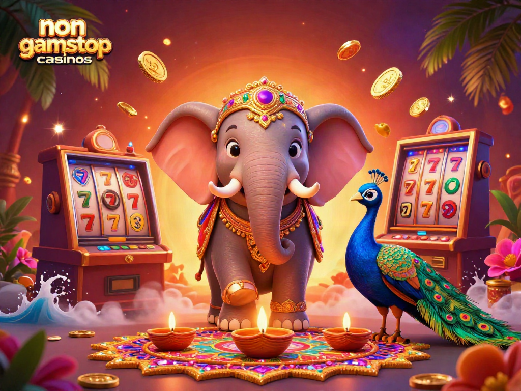 Engaging scene depicting non gamstop casinos with a colorful cartoon elephant and peacock amidst vibrant slot machine elements.