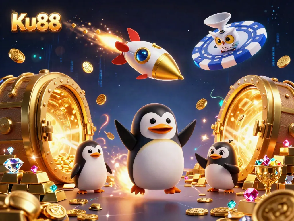 Engage with Ku88's thrilling casino atmosphere featuring golden penguins and treasures in a dynamic 3D scene.