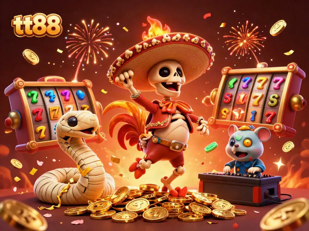 Experience thrilling wins at tt88 with a vibrant 3D casino celebration featuring lucky symbols and festive characters.