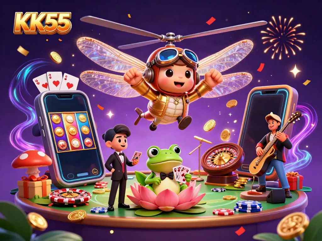 Reveal thrilling games at KK55, featuring vibrant casino elements and energetic characters.